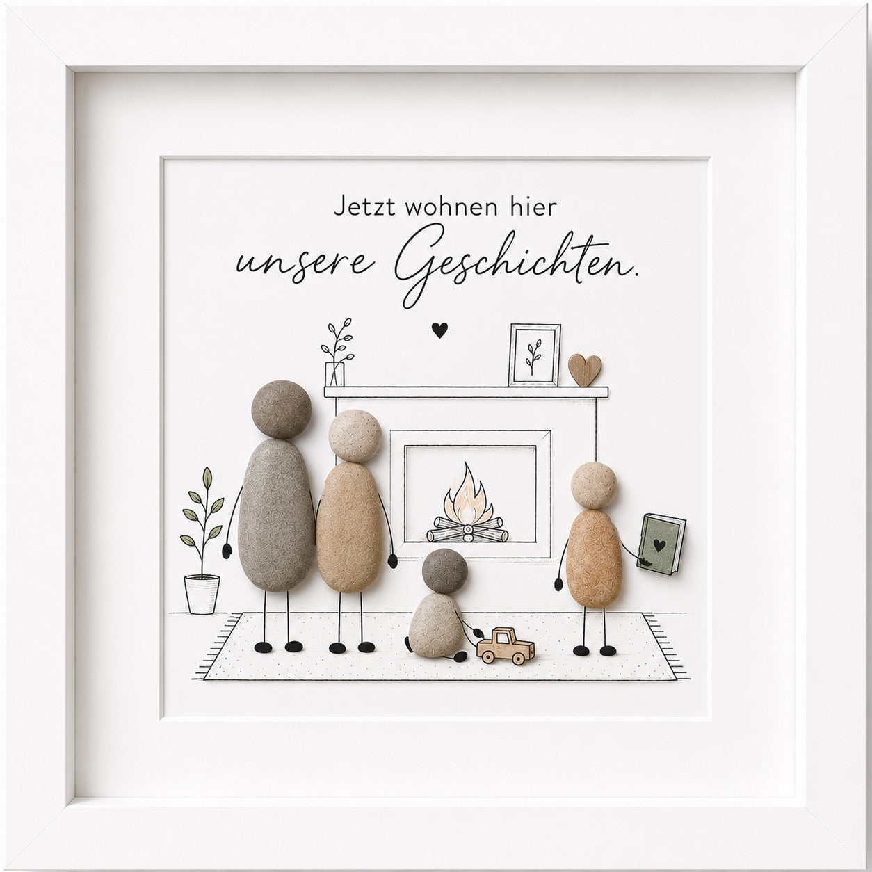Kieselsteinbild Jetzt wohnen hier unsere Geschichten – Familien-Einzugsgeschenk, handgemachtes Steinbild