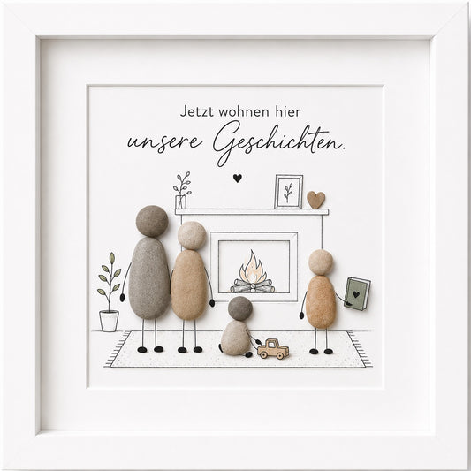 Kieselsteinbild Jetzt wohnen hier unsere Geschichten – Familien-Einzugsgeschenk, handgemachtes Steinbild