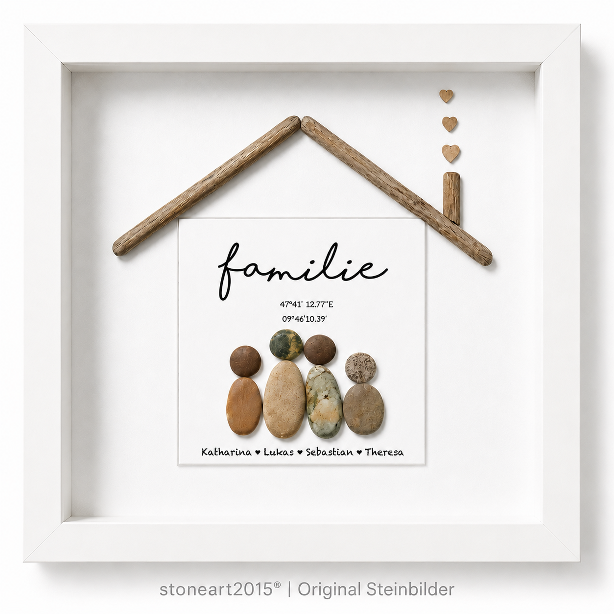 Kieselsteinbild Familie mit Koordinaten und Namen – personalisiertes Familien-Einzugsgeschenk, handgemachtes Steinbild