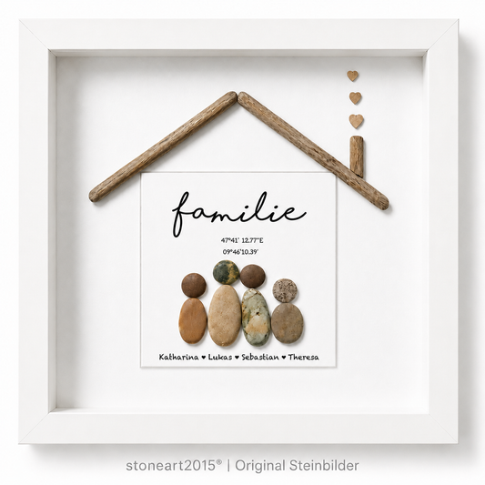 Kieselsteinbild Familie mit Koordinaten und Namen – personalisiertes Familien-Einzugsgeschenk, handgemachtes Steinbild