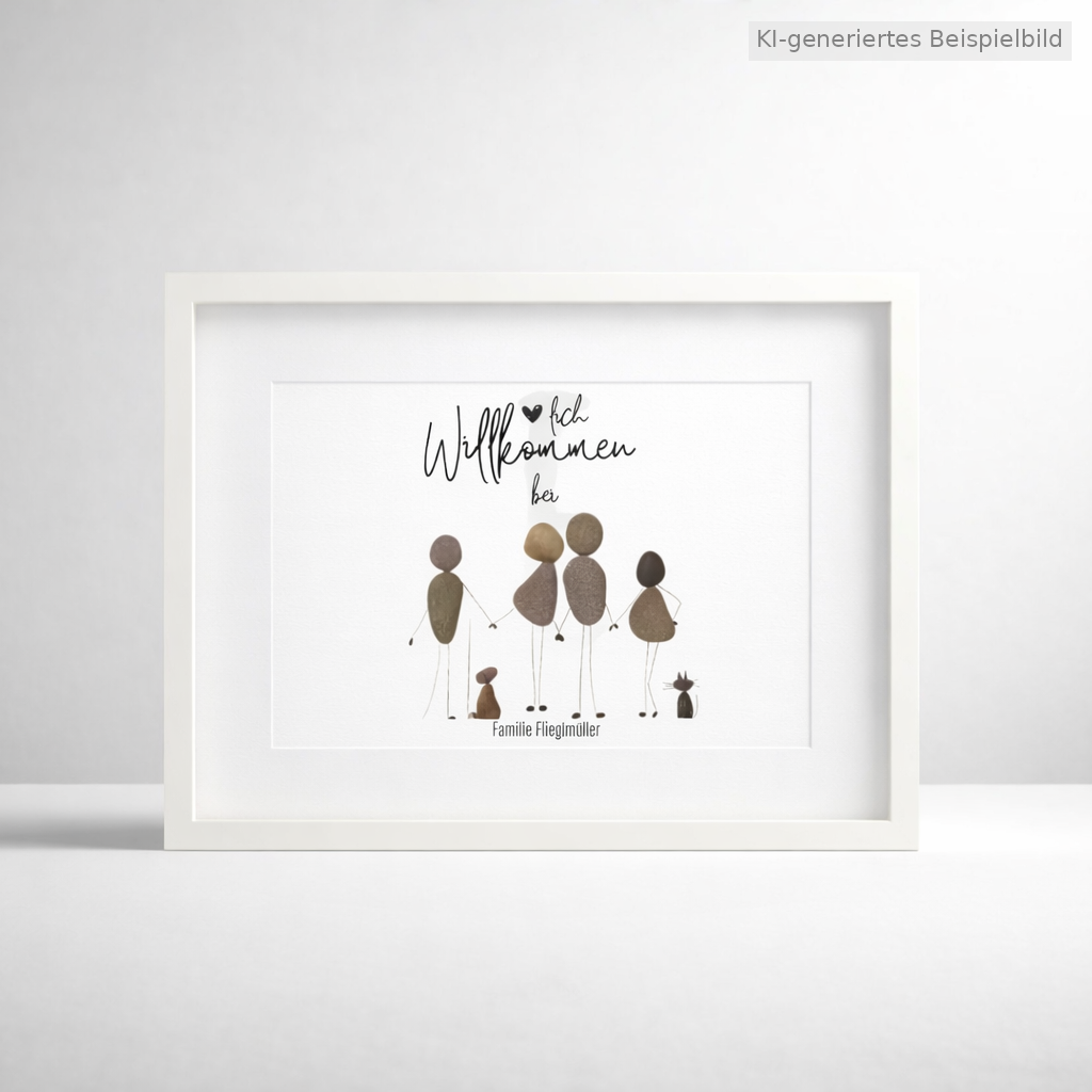 Kieselsteinbild Herzlich Willkommen bei – personalisiertes Einzugsgeschenk, handgemachtes Steinbild