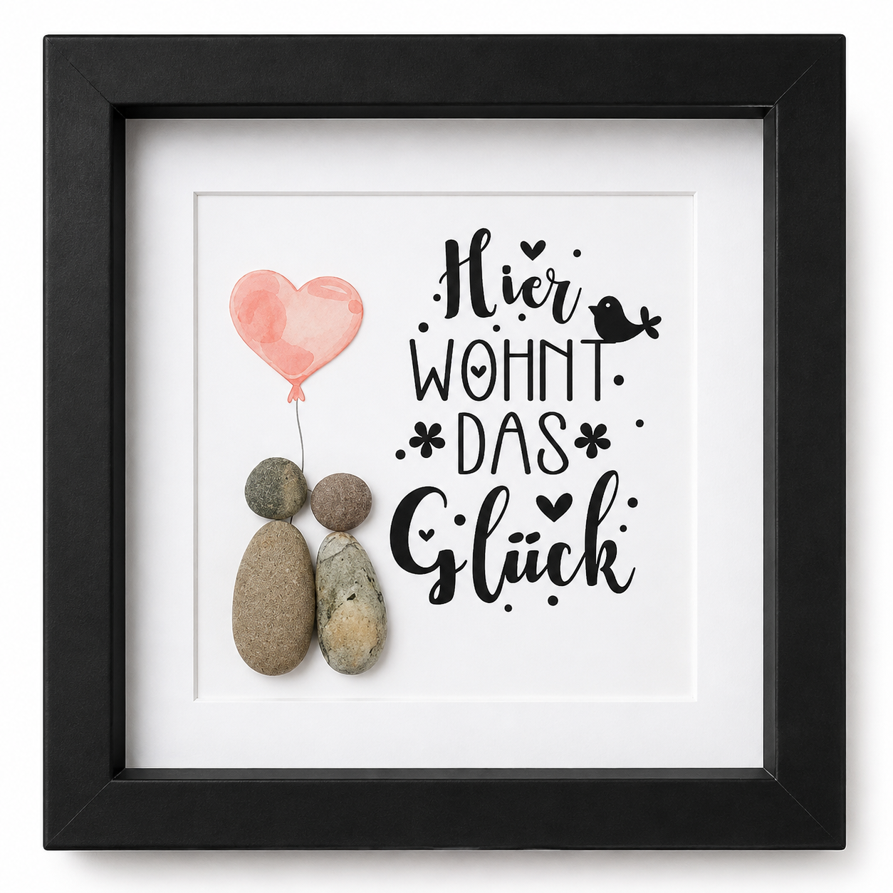 Kieselsteinbild Hier wohnt das Glück – Einzugsgeschenk, handgemachtes Steinbild