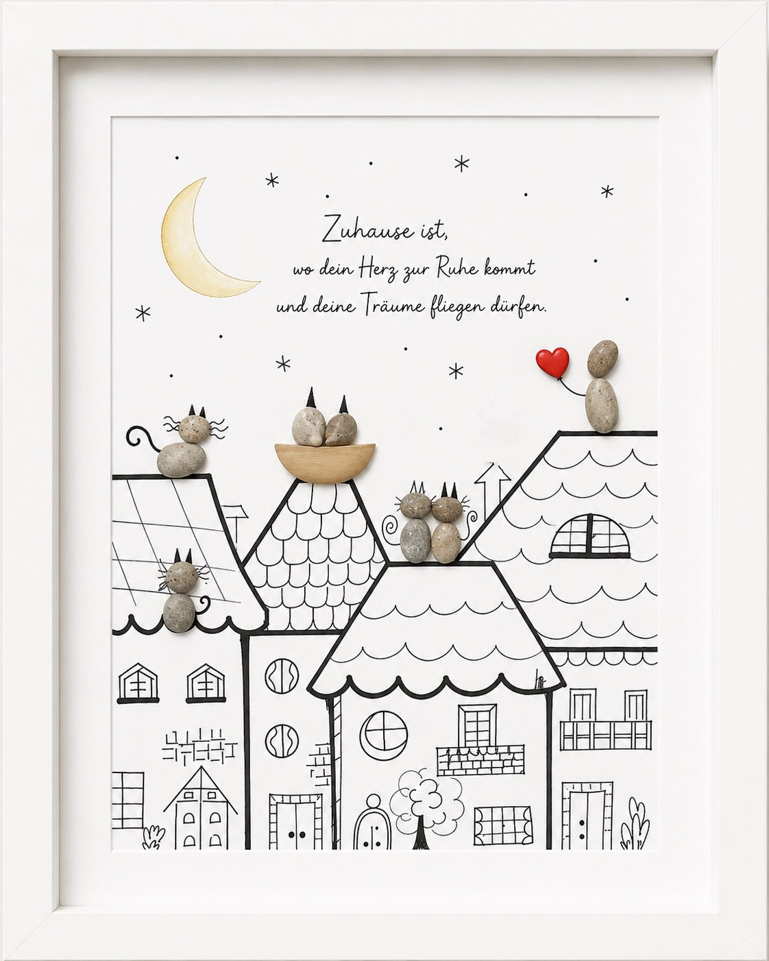Kieselsteinbild Zuhause ist wo dein Herz zur Ruhe kommt – Einzugsgeschenk, handgemachtes Steinbild