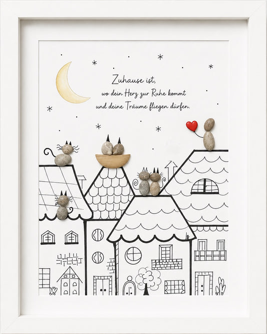 Kieselsteinbild Zuhause ist wo dein Herz zur Ruhe kommt – Einzugsgeschenk, handgemachtes Steinbild