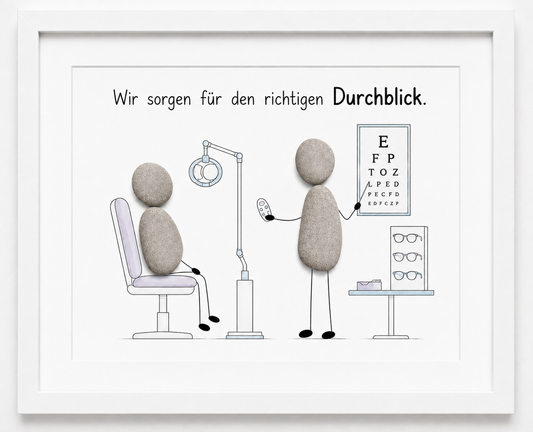 Kieselsteinbild Wir sorgen für den richtigen Durchblick – Geschäftseröffnung Optiker, handgemachtes Steinbild