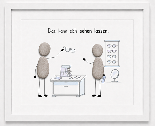 Kieselsteinbild Das kann sich sehen lassen – Geschäftseröffnung Optiker, handgemachtes Steinbild