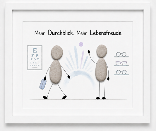 Kieselsteinbild Mehr Durchblick, mehr Lebensfreude – Geschäftseröffnung Optiker, handgemachtes Steinbild