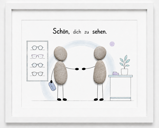 Kieselsteinbild Schön, dich zu sehen – Geschäftseröffnung Optiker, handgemachtes Steinbild