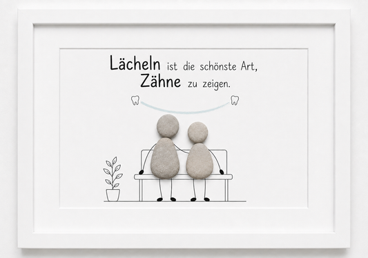 Kieselsteinbild Lächeln ist die schönste Art, Zähne zu zeigen – Geschäftseröffnung Zahnarzt, handgemachtes Steinbild