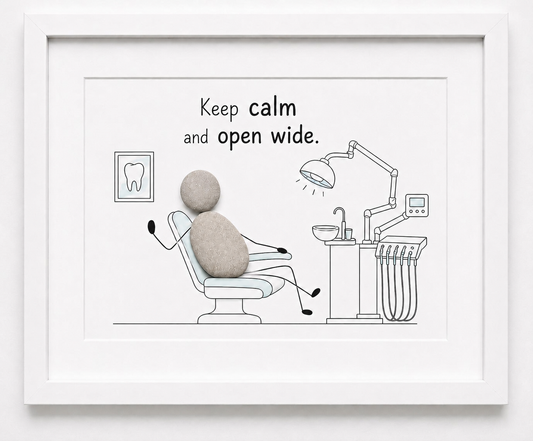 Kieselsteinbild Keep calm and open wide – Geschäftseröffnung Zahnarzt, handgemachtes Steinbild