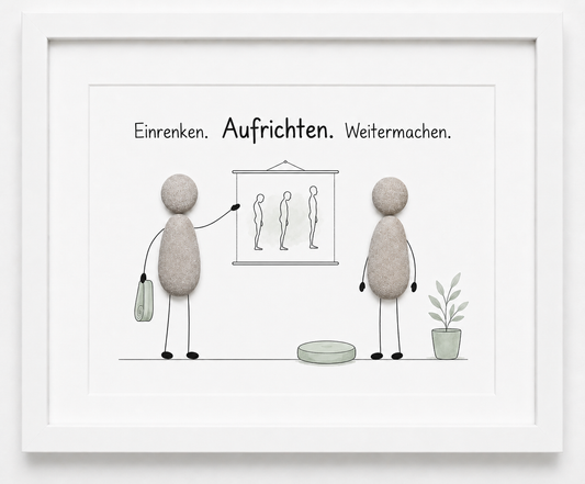 Kieselsteinbild Einrenken, Aufrichten, Weitermachen – Geschäftseröffnung Physiotherapeut, handgemachtes Steinbild
