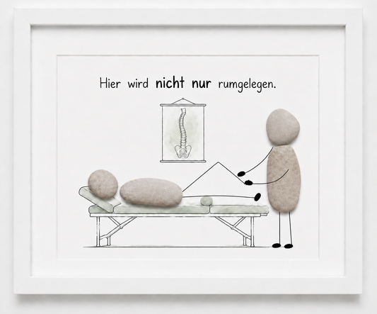 Kieselsteinbild Hier wird nicht nur rumgelegen – Geschäftseröffnung Physiotherapeut, handgemachtes Steinbild