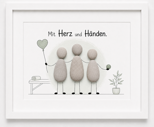 Kieselsteinbild Mit Herz und Händen – Geschäftseröffnung Physiotherapeut, handgemachtes Steinbild