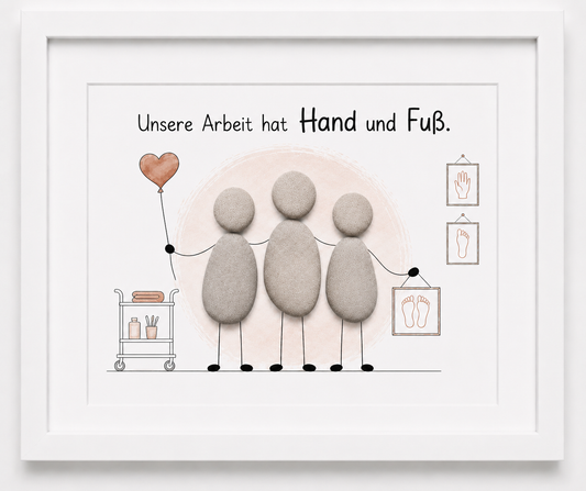 Kieselsteinbild Unsere Arbeit hat Hand und Fuß – Geschäftseröffnung Podologe, handgemachtes Steinbild