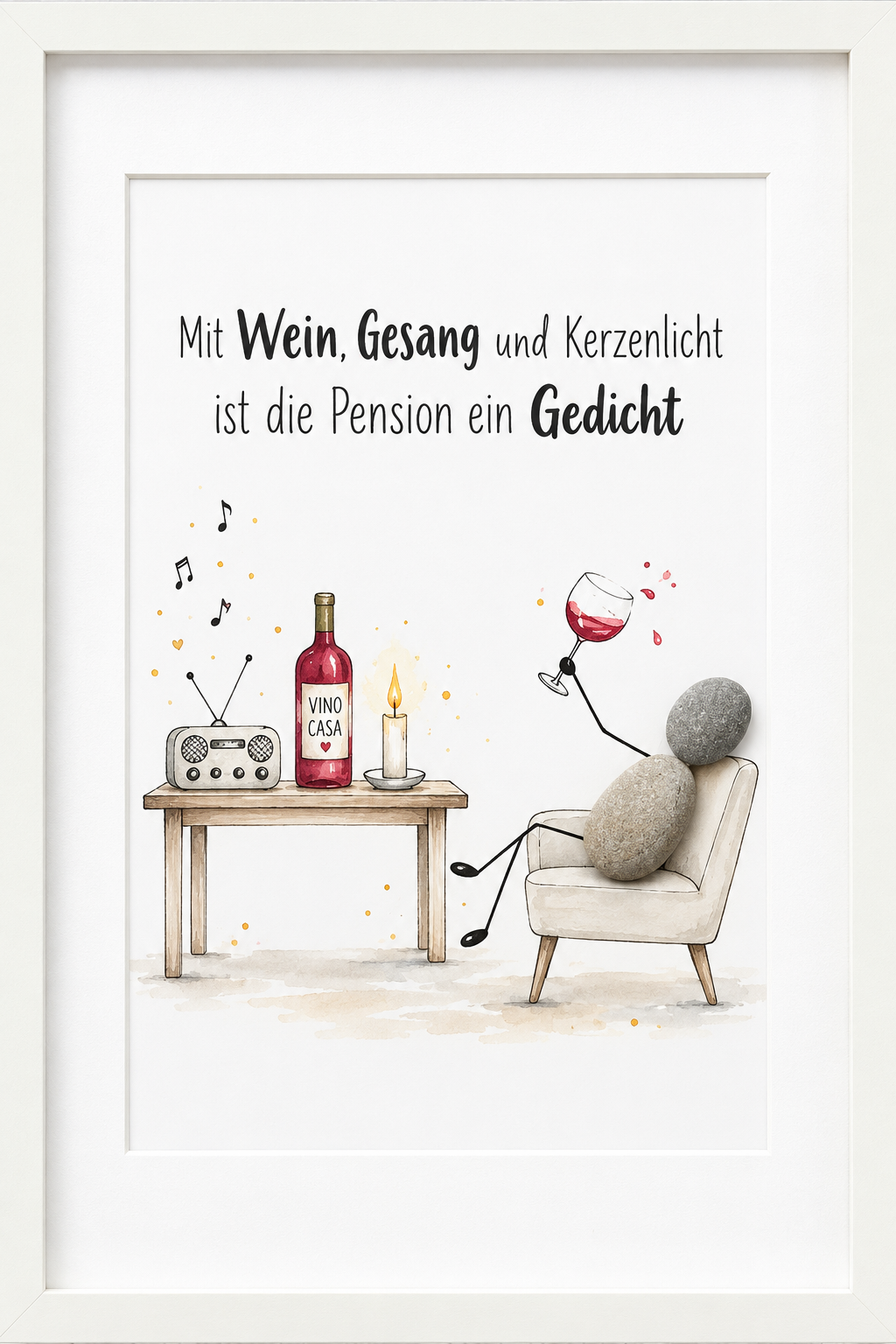 Kieselsteinbild Kieselstein-Figur im Sessel mit Rotwein „Mit Wein, Gesang und Kerzenlicht ist die Pension ein Gedicht“ – Abschiedsgeschenk zum Ruhestand, handgemachtes Steinbild