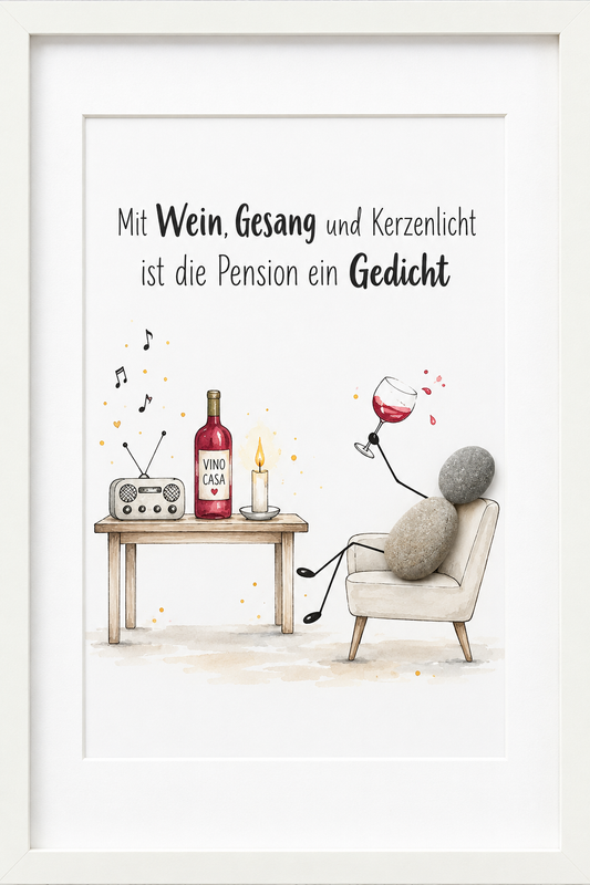 Kieselsteinbild Kieselstein-Figur im Sessel mit Rotwein „Mit Wein, Gesang und Kerzenlicht ist die Pension ein Gedicht“ – Abschiedsgeschenk zum Ruhestand, handgemachtes Steinbild