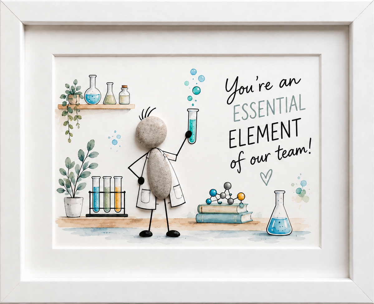 Kieselsteinbild Kieselstein-Figur im Labor „You're an essential element of our team!“ – Dankeschön-Geschenk für Kollegen, handgemachtes Steinbild