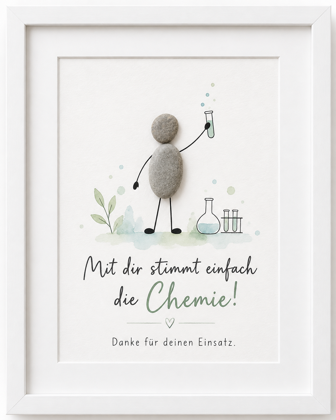 Kieselsteinbild Kieselstein-Figur mit Reagenzglas „Mit dir stimmt einfach die Chemie! Danke für deinen Einsatz.“ – Dankeschön-Geschenk für Kollegen, handgemachtes Steinbild