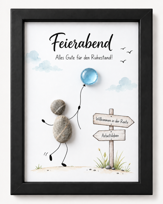 Kieselsteinbild Ruhestand „Feierabend – Alles Gute für den Ruhestand!“ – Abschiedsgeschenk Rente, handgemachtes Steinbild