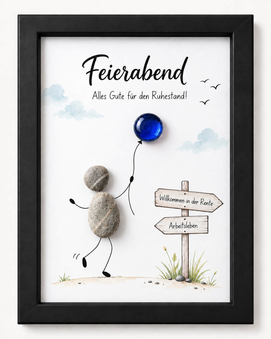 Kieselsteinbild Ruhestand „Feierabend – Alles Gute für den Ruhestand!“ – Abschiedsgeschenk Rente, handgemachtes Steinbild