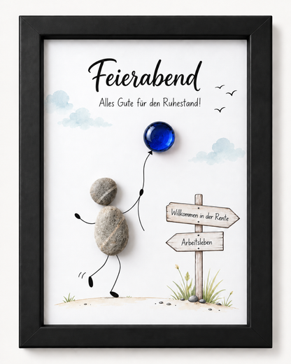Kieselsteinbild Ruhestand „Feierabend – Alles Gute für den Ruhestand!“ – Abschiedsgeschenk Rente, handgemachtes Steinbild