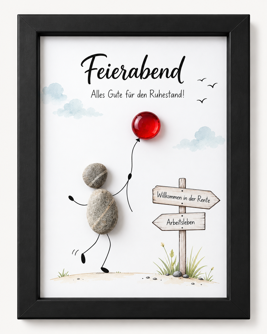 Kieselsteinbild Ruhestand „Feierabend – Alles Gute für den Ruhestand!“ – Abschiedsgeschenk Rente, handgemachtes Steinbild