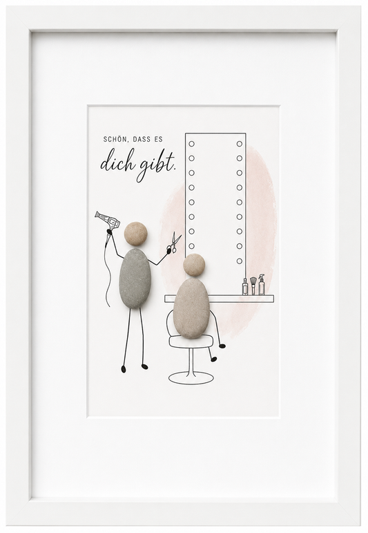 Kieselsteinbild Schön, dass es dich gibt – Geschenk für Friseurin oder Friseur, handgemachtes Steinbild