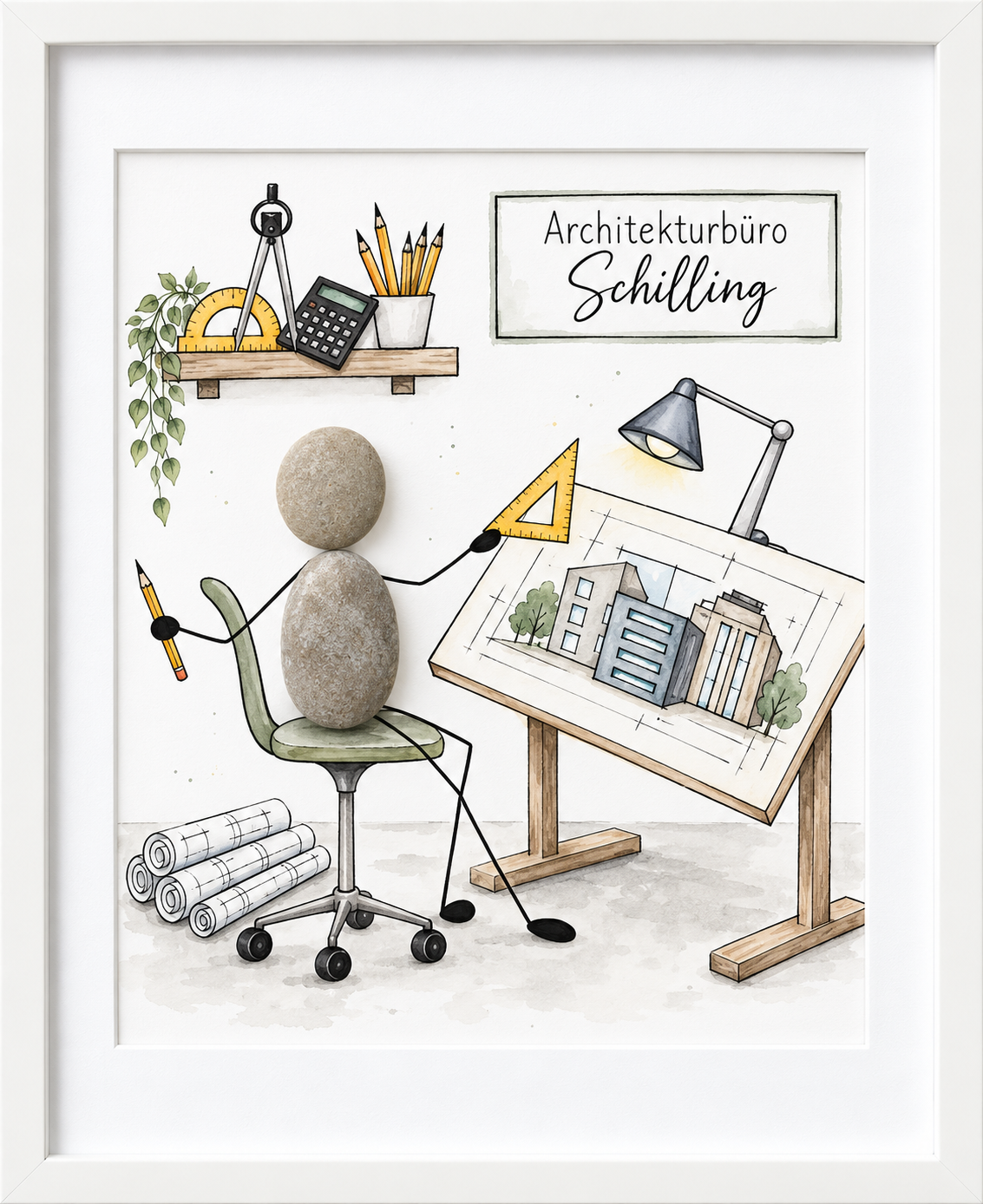 Kieselsteinbild Kieselstein-Figur am Zeichentisch im Architekturbüro – personalisiertes Geschenk für Architekten, handgemachtes Steinbild