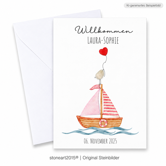 Handgemachte weiße Klappkarte mit Kieselstein-Vogel mit Herzballon auf einem rosa Segelboot, personalisiert mit Name und Geburtsdatum, Schriftzug „Willkommen“ – Karte zur Geburt eines Mädchens, Grußkarte mit Umschlag