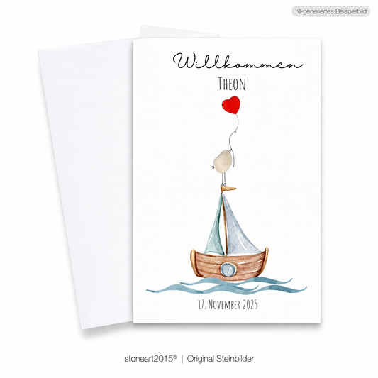 Handgemachte weiße Klappkarte mit Kieselstein-Vogel mit Herzballon auf einem blauen Segelboot, personalisiert mit Name und Geburtsdatum, Schriftzug „Willkommen“ – Karte zur Geburt eines Jungen, Grußkarte mit Umschlag