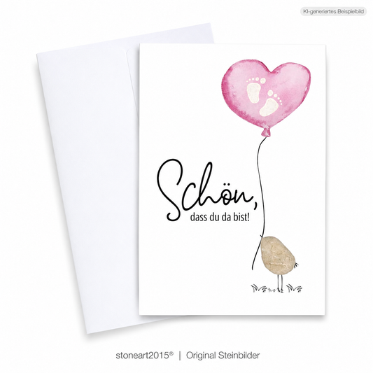 Handgemachte weiße Klappkarte mit Kieselstein-Vogel und rosa Herzballon mit Fußabdrücken, Spruch „Schön, dass du da bist!“ – Karte zur Geburt eines Mädchens, Grußkarte mit Umschlag