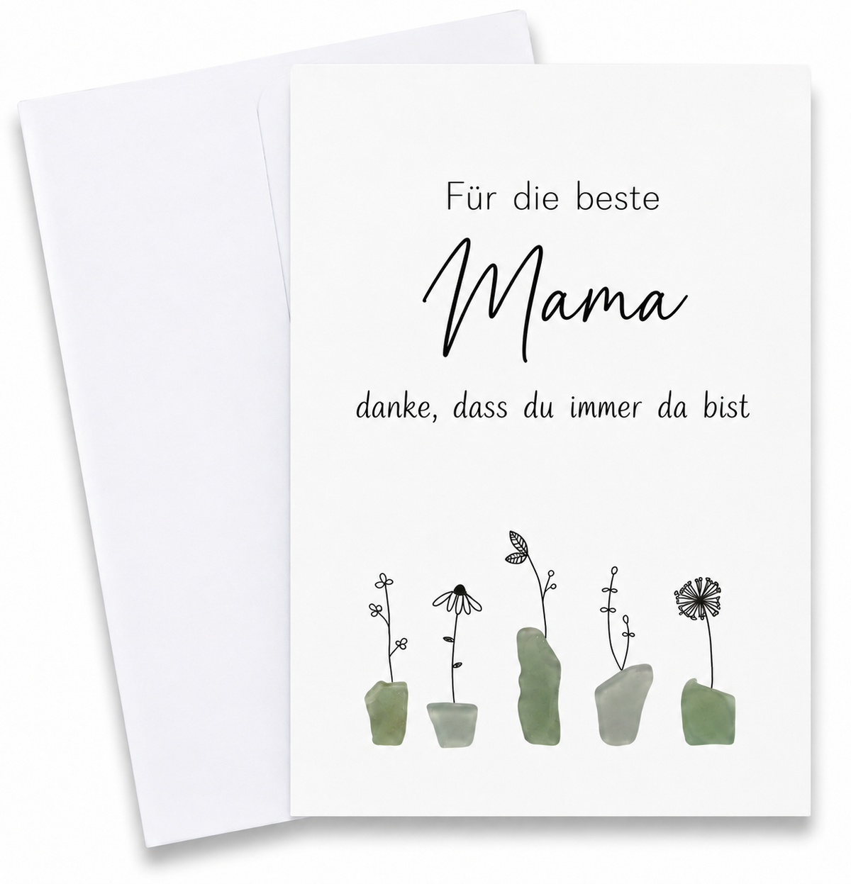 Handgemachte weiße Klappkarte mit fünf gezeichneten Blumen in Vasen aus grünen Steinen, Spruch „Für die beste Mama“ – Dankeskarte zum Muttertag, Grußkarte mit Umschlag