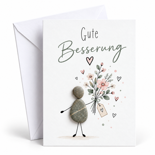 Handgemachte weiße Klappkarte mit Kieselstein-Figur und Blumenstrauß, Spruch „Gute Besserung“ – Genesungskarte, Grußkarte mit Umschlag
