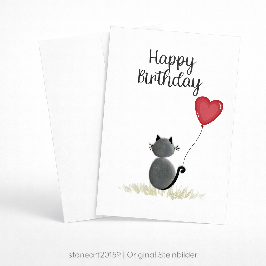 Handgemachte weiße Klappkarte mit Kieselstein-Katze und Herzballon, Schriftzug „Happy Birthday“ – Geburtstagskarte für Katzenfreunde, Grußkarte mit Umschlag
