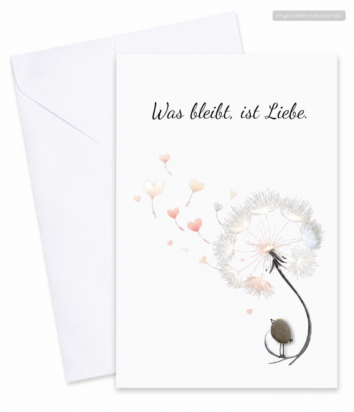 Handgemachte weiße Klappkarte mit Kieselstein-Vogel an einer Pusteblume mit fliegenden Herzen, Spruch „Was bleibt, ist Liebe.“ – Trauerkarte zur Anteilnahme, Grußkarte mit Umschlag