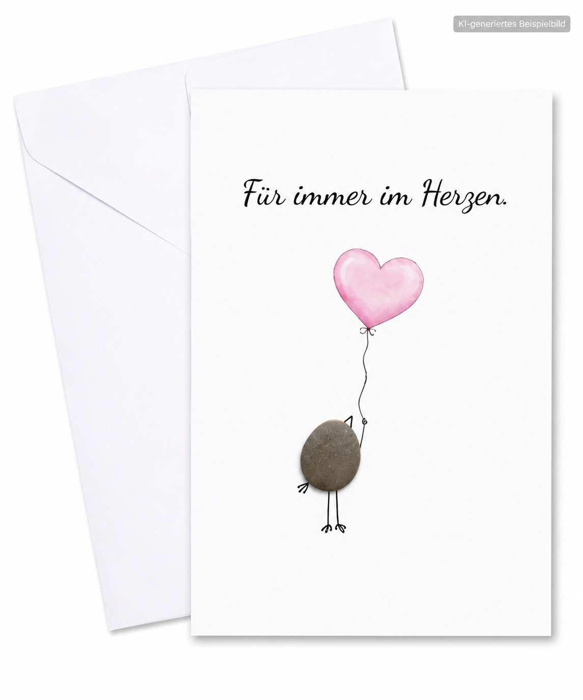 Handgemachte weiße Klappkarte mit Kieselstein-Vogel und rosa Herzballon, Spruch „Für immer im Herzen.“ – Trauerkarte zur Anteilnahme, Grußkarte mit Umschlag