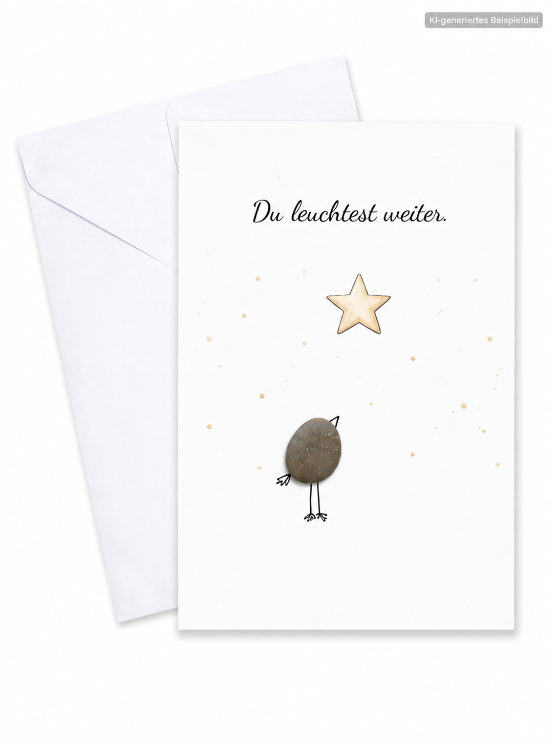 Handgemachte weiße Klappkarte mit Kieselstein-Vogel, der zu einem Stern hinaufschaut, Spruch „Du leuchtest weiter.“ – Trauerkarte zur Anteilnahme, Grußkarte mit Umschlag