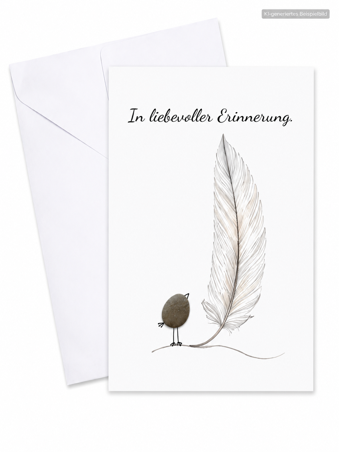Handgemachte weiße Klappkarte mit Kieselstein-Vogel neben einer Feder, Spruch „In liebevoller Erinnerung.“ – Trauerkarte zur Anteilnahme, Grußkarte mit Umschlag