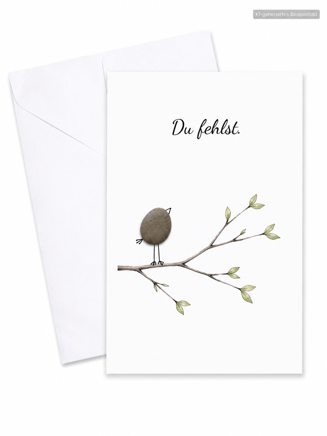 Handgemachte weiße Klappkarte mit Kieselstein-Vogel auf einem Zweig, Spruch „Du fehlst.“ – Trauerkarte zur Anteilnahme, Grußkarte mit Umschlag