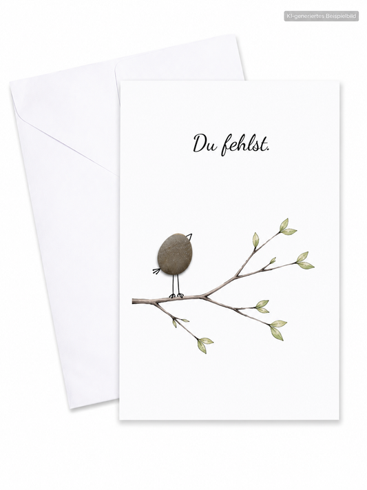 Handgemachte weiße Klappkarte mit Kieselstein-Vogel auf einem Zweig, Spruch „Du fehlst.“ – Trauerkarte zur Anteilnahme, Grußkarte mit Umschlag