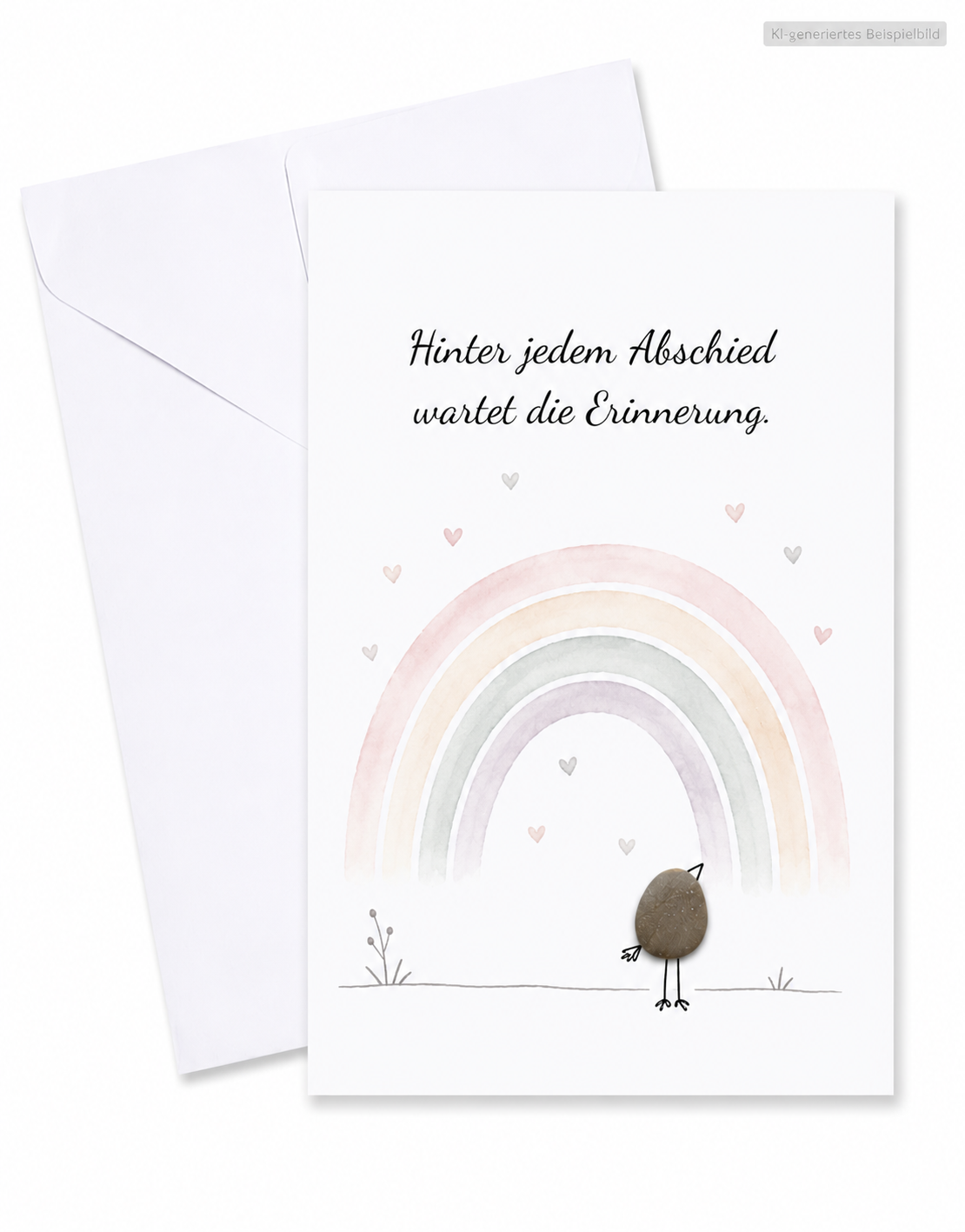 Handgemachte weiße Klappkarte mit Kieselstein-Vogel vor einem Aquarell-Regenbogen, Spruch „Hinter jedem Abschied wartet die Erinnerung.“ – Trauerkarte zur Anteilnahme, Grußkarte mit Umschlag