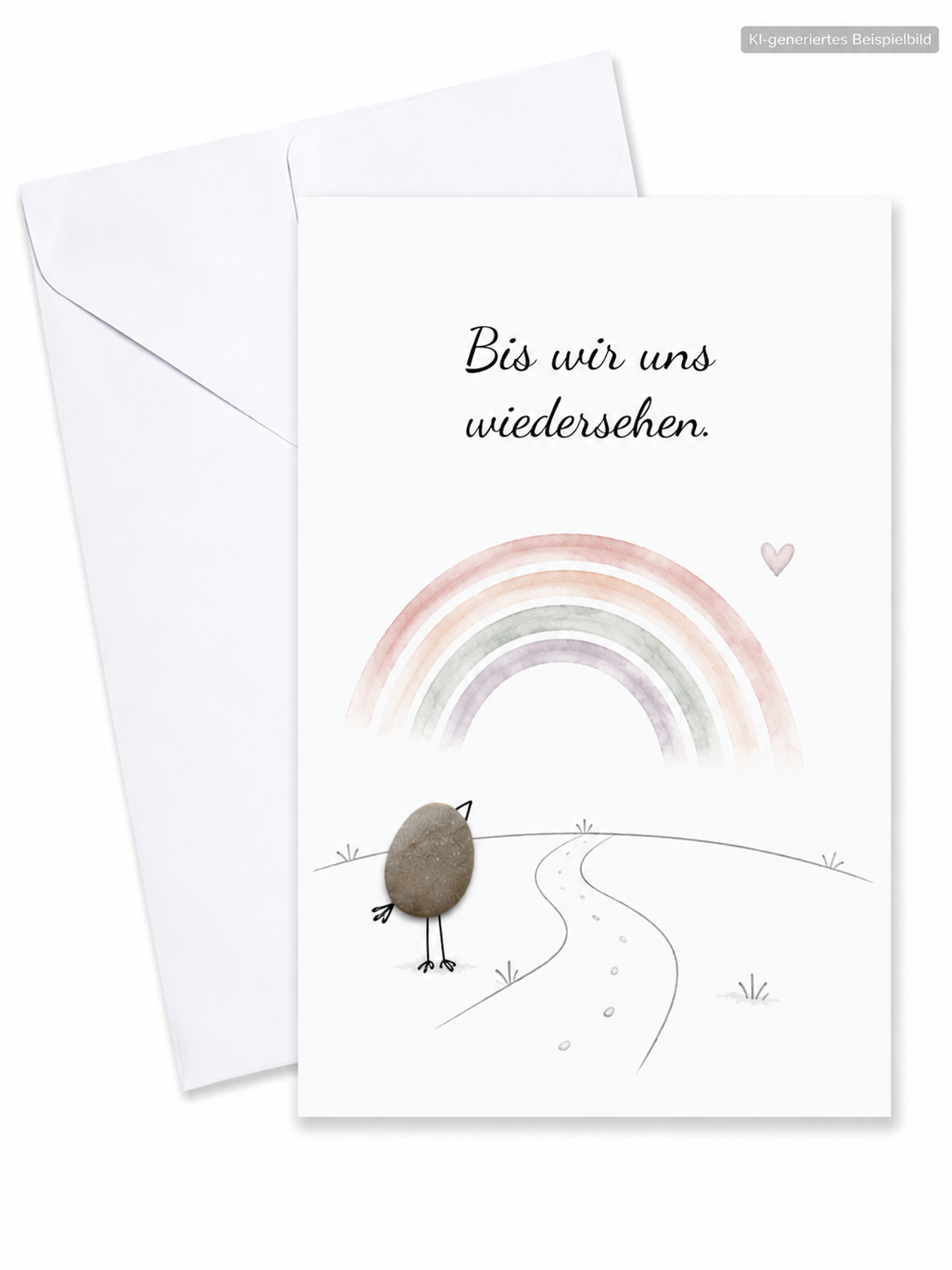 Handgemachte weiße Klappkarte mit Kieselstein-Vogel, Regenbogen und Weg, Spruch „Bis wir uns wiedersehen.“ – Trauerkarte zur Anteilnahme, Grußkarte mit Umschlag