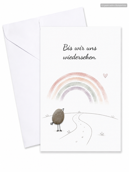 Handgemachte weiße Klappkarte mit Kieselstein-Vogel, Regenbogen und Weg, Spruch „Bis wir uns wiedersehen.“ – Trauerkarte zur Anteilnahme, Grußkarte mit Umschlag