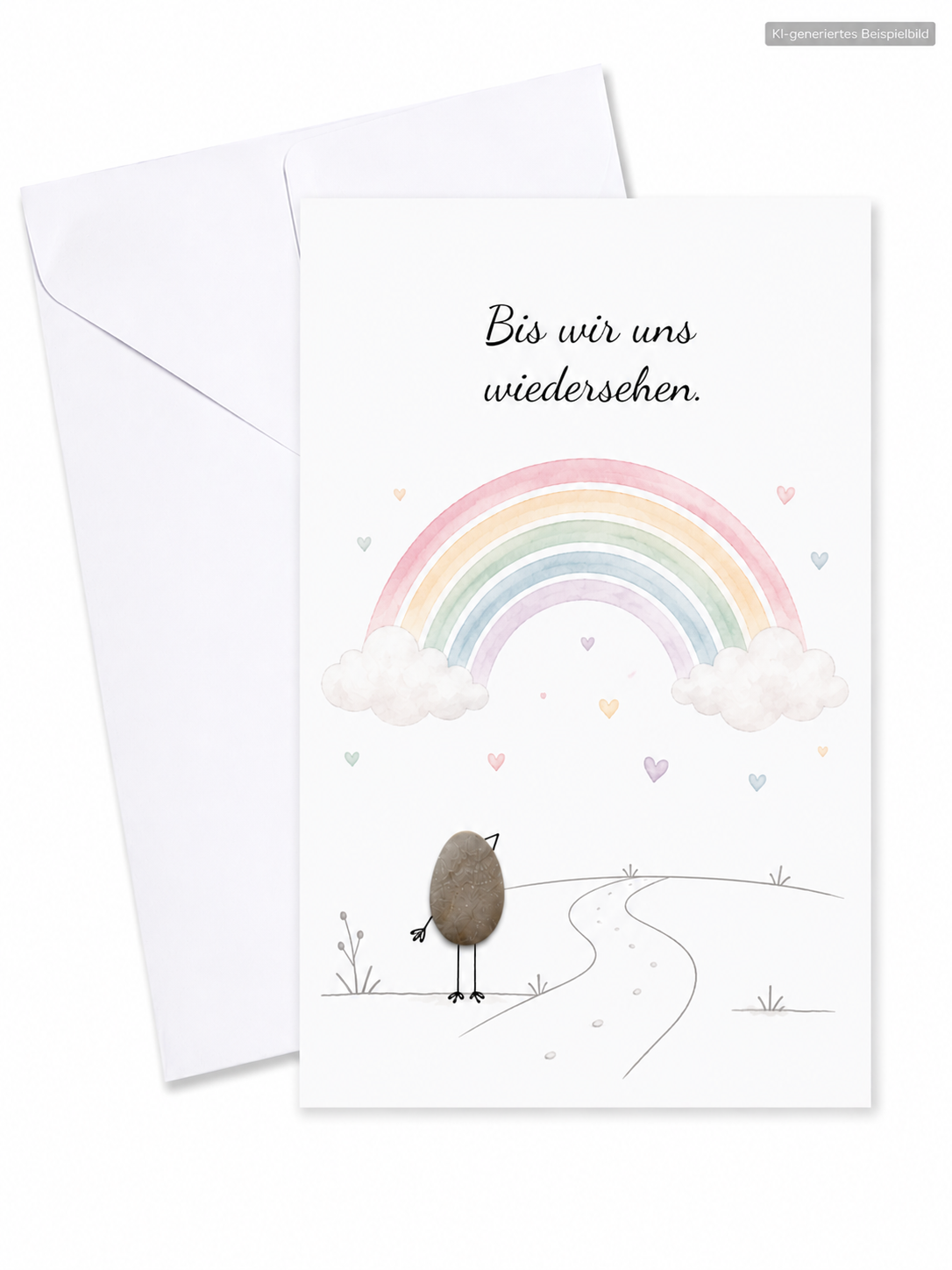 Handgemachte weiße Klappkarte mit Kieselstein-Vogel, Regenbogen zwischen Wolken und Weg, Spruch „Bis wir uns wiedersehen.“ – Trauerkarte zur Anteilnahme, Grußkarte mit Umschlag