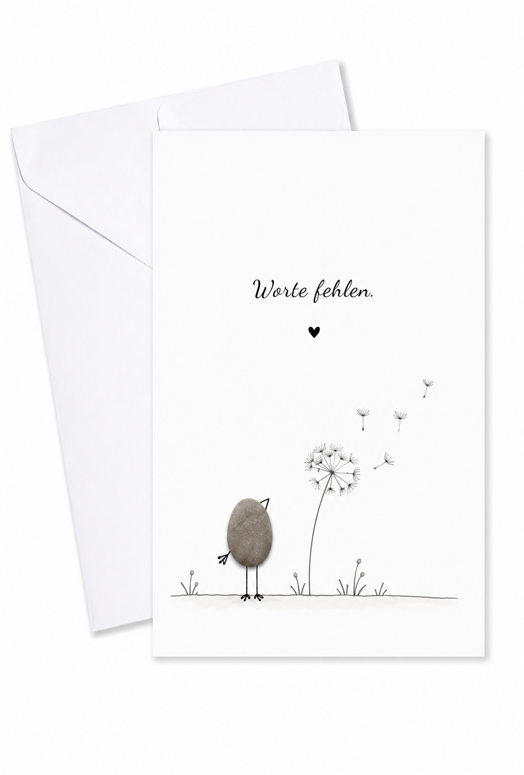 Handgemachte weiße Klappkarte mit Kieselstein-Vogel und Pusteblume, Spruch „Worte fehlen.“ – Trauerkarte zur Anteilnahme, Grußkarte mit Umschlag