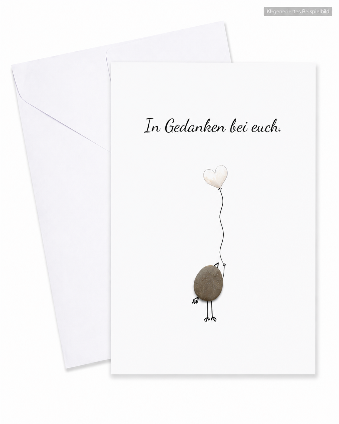 Handgemachte weiße Klappkarte mit Kieselstein-Vogel und weißem Herzballon, Spruch „In Gedanken bei euch.“ – Trauerkarte zur Anteilnahme, Grußkarte mit Umschlag