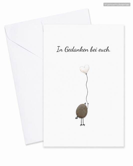 Handgemachte weiße Klappkarte mit Kieselstein-Vogel und weißem Herzballon, Spruch „In Gedanken bei euch.“ – Trauerkarte zur Anteilnahme, Grußkarte mit Umschlag