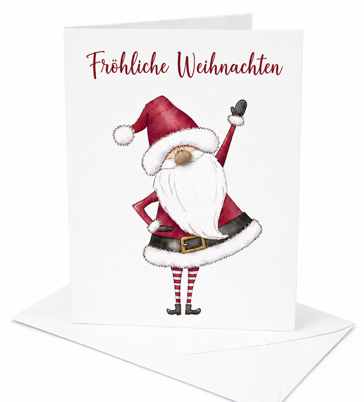 Handgemachte weiße Klappkarte mit winkendem Weihnachtsmann mit Kieselstein-Nase, Schriftzug „Fröhliche Weihnachten“ – Weihnachtskarte mit Umschlag