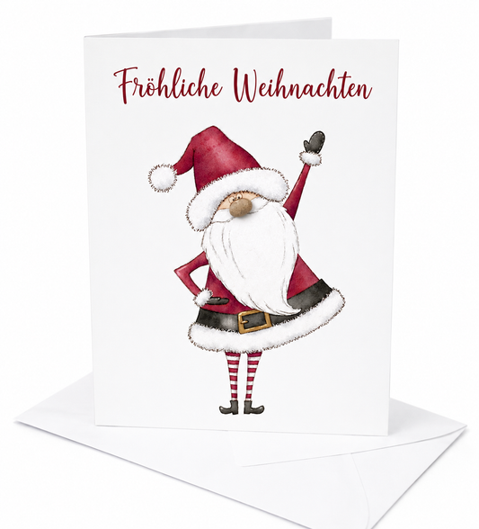 Handgemachte weiße Klappkarte mit winkendem Weihnachtsmann mit Kieselstein-Nase, Schriftzug „Fröhliche Weihnachten“ – Weihnachtskarte mit Umschlag