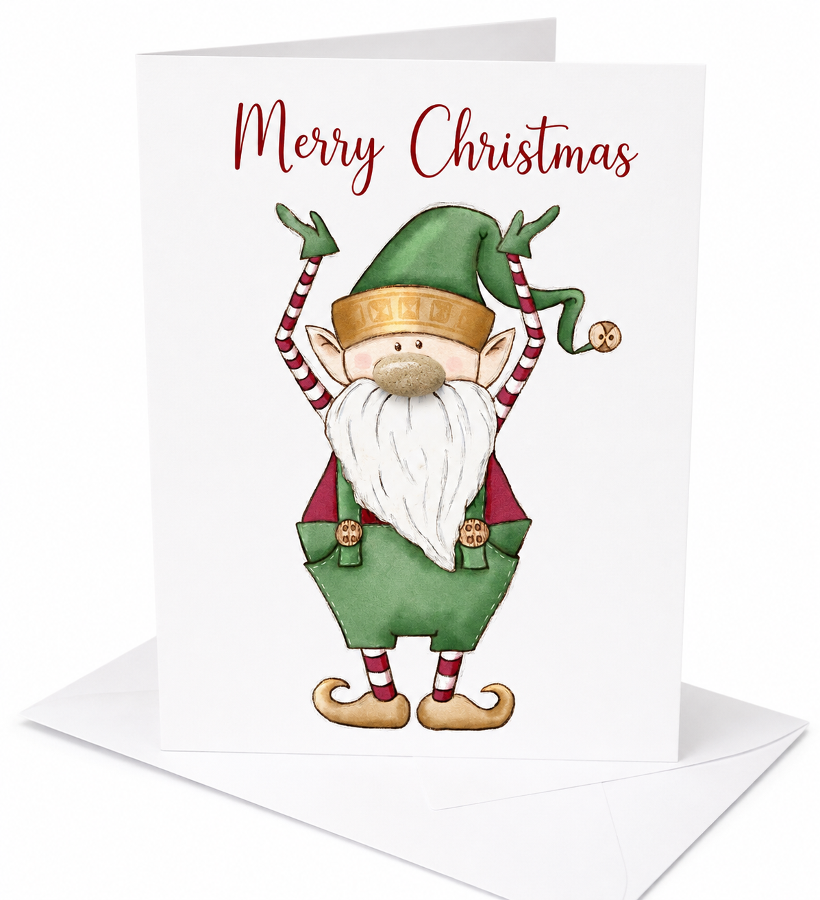 Handgemachte weiße Klappkarte mit jubelndem Weihnachtswichtel mit Kieselstein-Nase, Schriftzug „Merry Christmas“ – Weihnachtskarte mit Umschlag